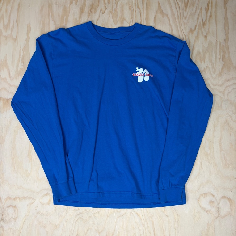 Trader Joes Long Sleeve Shirt Royal Blue Hibiscus Flower Graphic Mens XL Tee